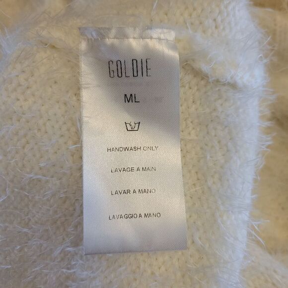 Goldie Winter White Eyelash Fringe Fuzzy Chenille Knit Turtleneck Sweater - Picture 8 of 11